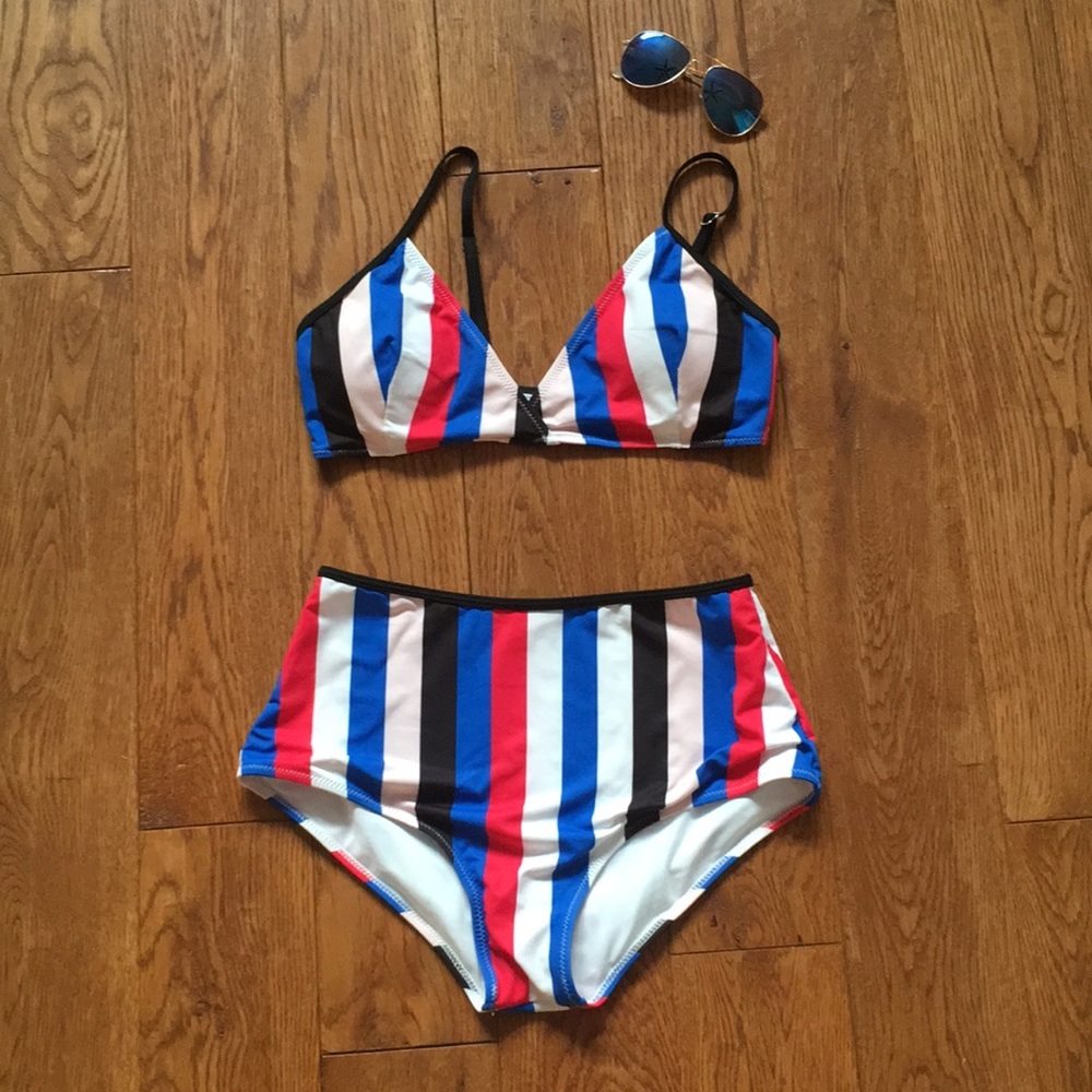 High-waisted striped swimsuit.